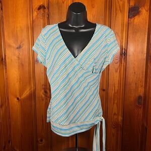 Vanity L Y2K Wrap Top Blue Striped Fitted Short Sleeve 2000s